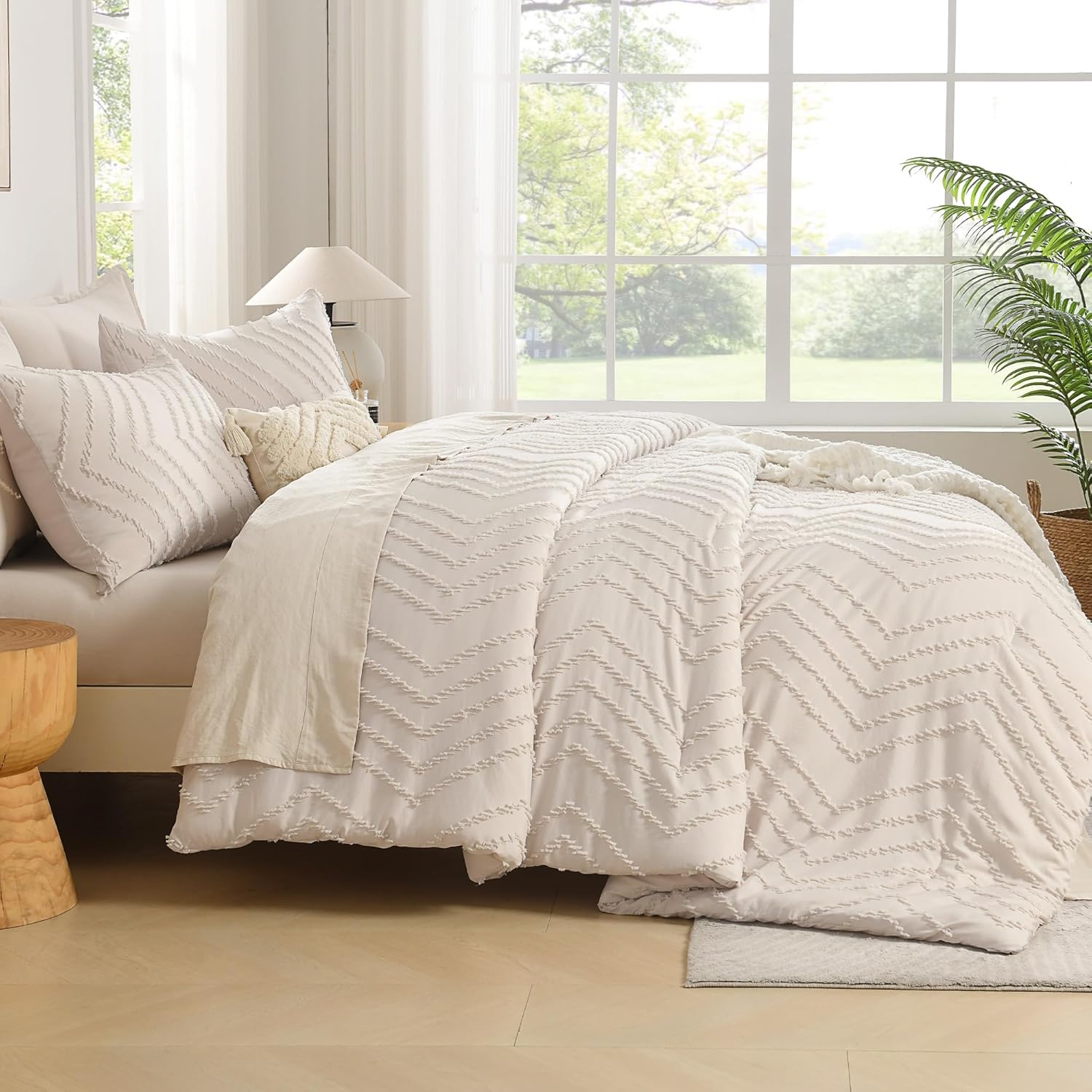 Andency King Size Comforter Set Beige, Boho Cream Soft Warm Tufted Neutral Bedding Comforter Sets for King Size Bed, 3 Pieces Aesthetic Chevron Farmhouse Cute Bohemian Textured Bedding Set